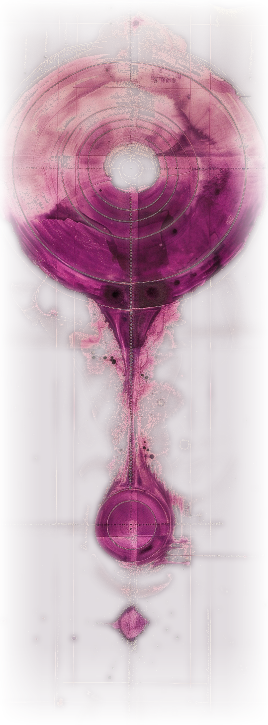 An ink diagram, a small orb rising along a line to a great concentric circle above, a trajectory of gradual expansion into vastness, melting into the deep plum field