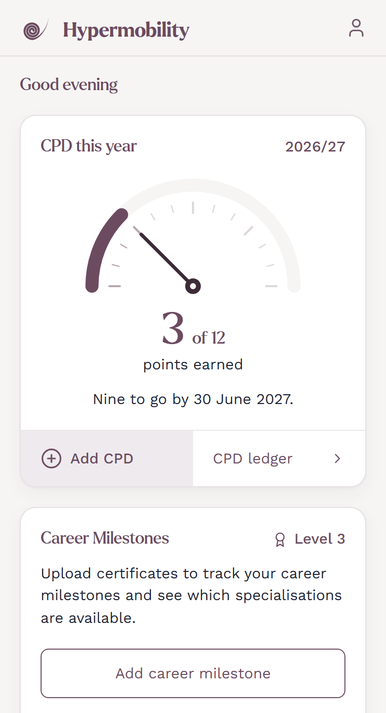 Hypermobility home screen, CPD this year and Career Milestones